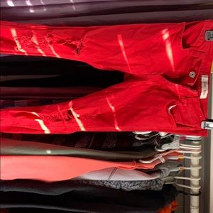 Red ripped skinny cropped jeans